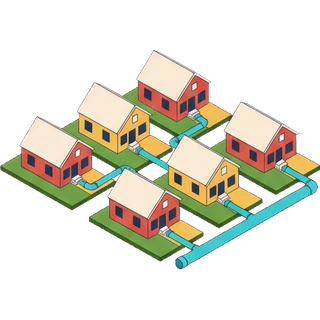 Cluster of homes with water service pipes connecting each one to the main