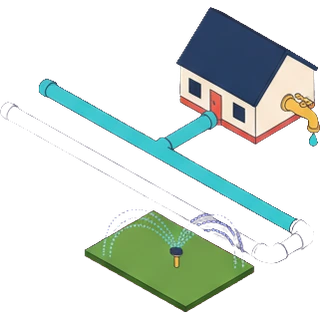 A blue pipe running to a house tap and a separate purple pipe running to a lawn sprinkler
