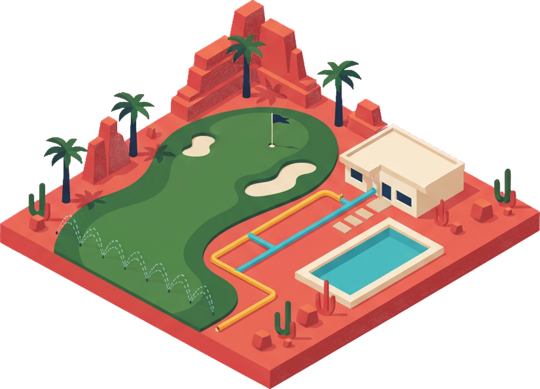 Isometric illustration of a golf fairway watered by a yellow reclaimed water line, alongside a house and pool fed by a separate blue line.