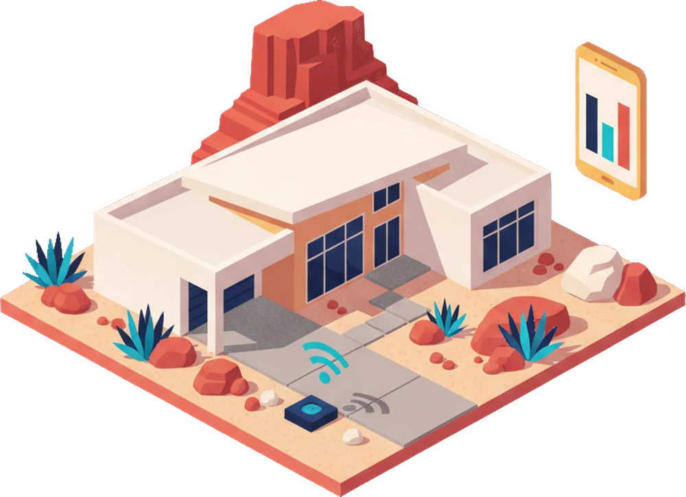 Isometric illustration of a southwestern house with a xeriscape yard, a smart water meter sending a wireless signal, and a phone showing a usage chart.