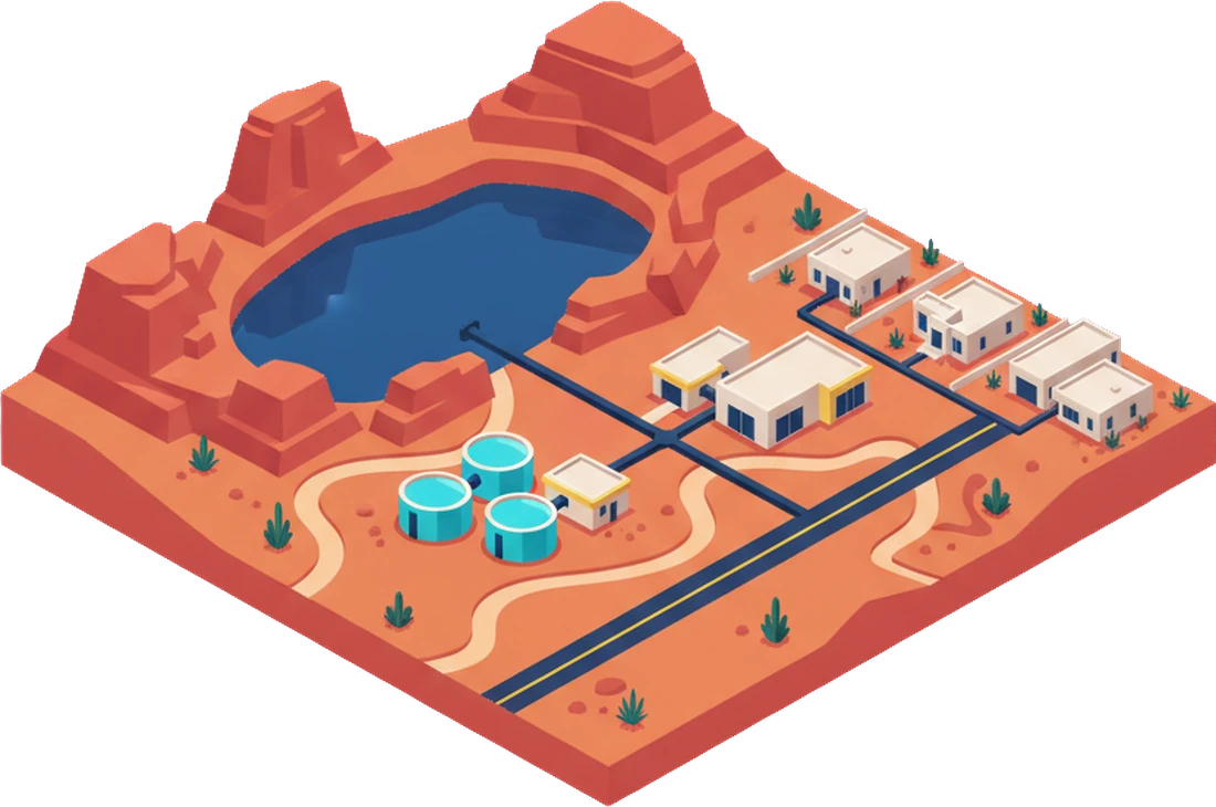 Isometric illustration of a desert reservoir behind red rock mesas, a pipeline running to a treatment plant, a water tower and a small town.