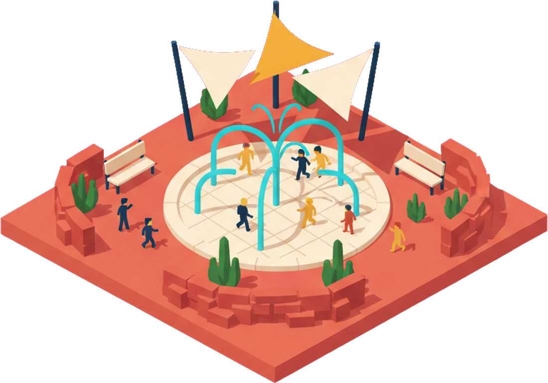 Isometric illustration of a busy city splash pad in a red rock desert park with children playing in the jets of water.