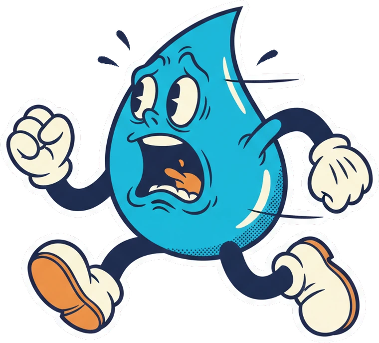 Cartoon sticker of a water drop character running away in a panic.