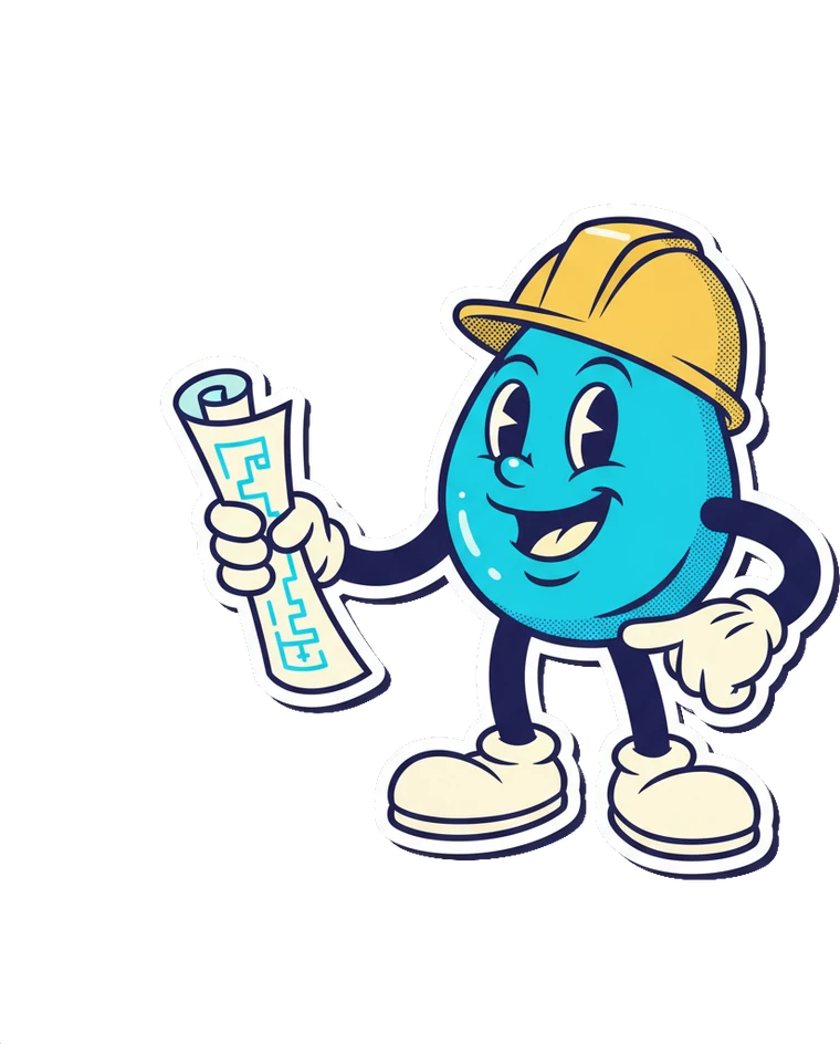 Cartoon sticker of a water drop character in a hard hat holding up a blueprint.