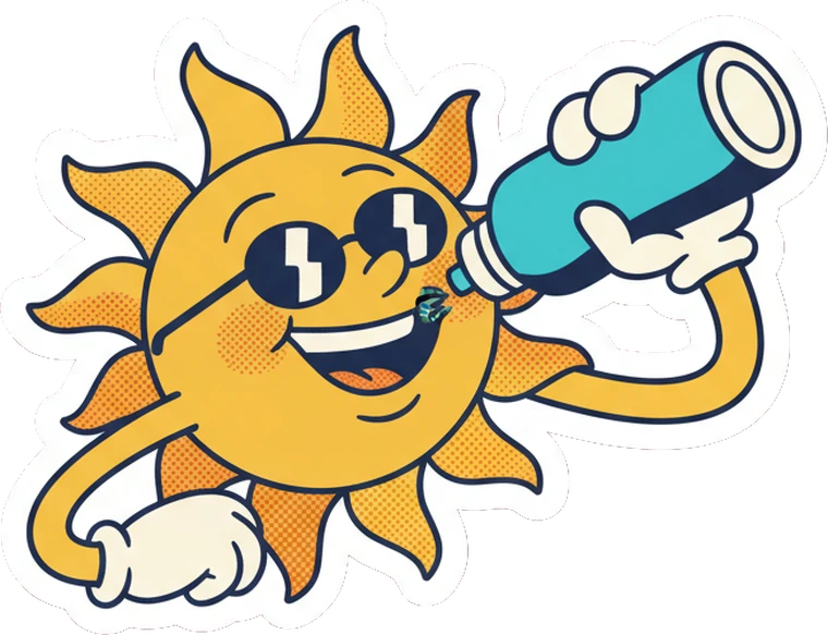 Cartoon sticker of a sun character in sunglasses drinking from a water bottle.